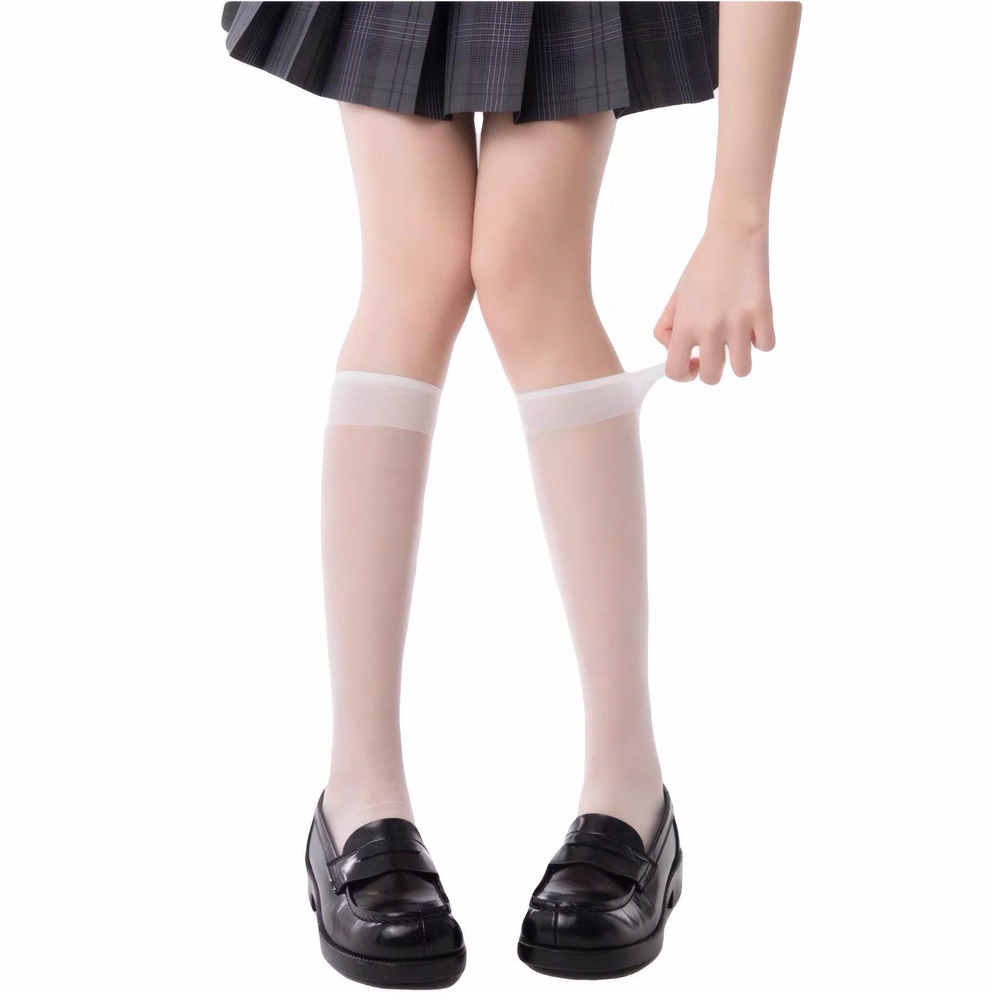 Model wearing white over-knee velvet socks in Japanese school uniform style with 50cm length