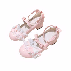 Pink sweet Lolita bow lace Mary Jane shoes with heart decor Sweet girl dress shoes