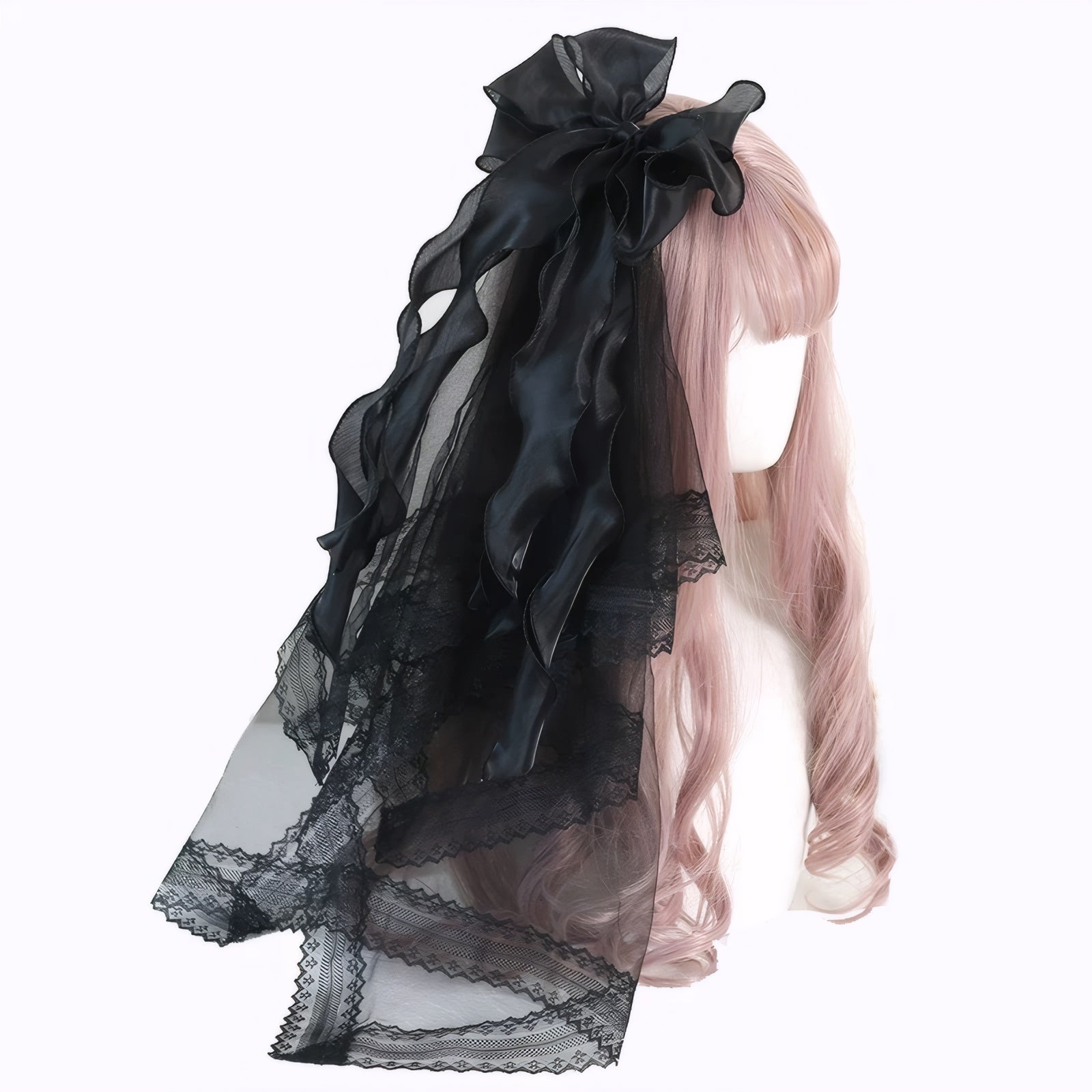 Elegant Lolita style black lace veil with large satin bow detachable bow and veil