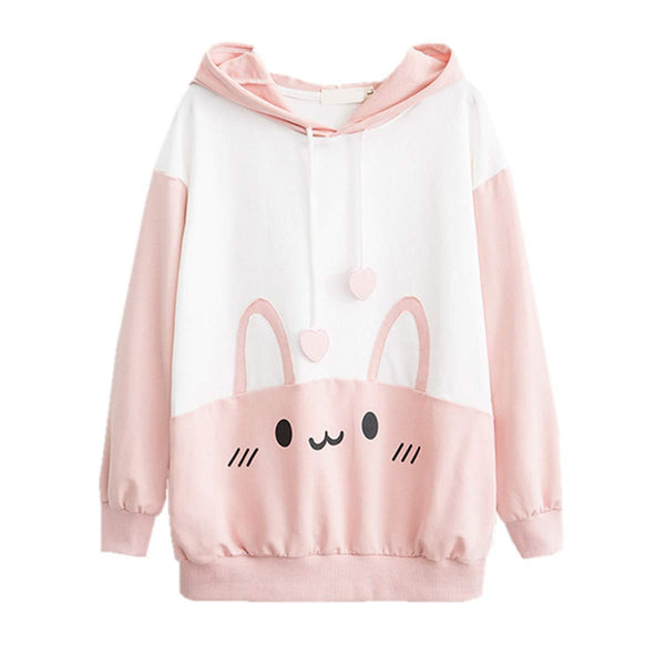Pink and white hoodie with cartoon bunny face and heart drawstrings, kawaii style