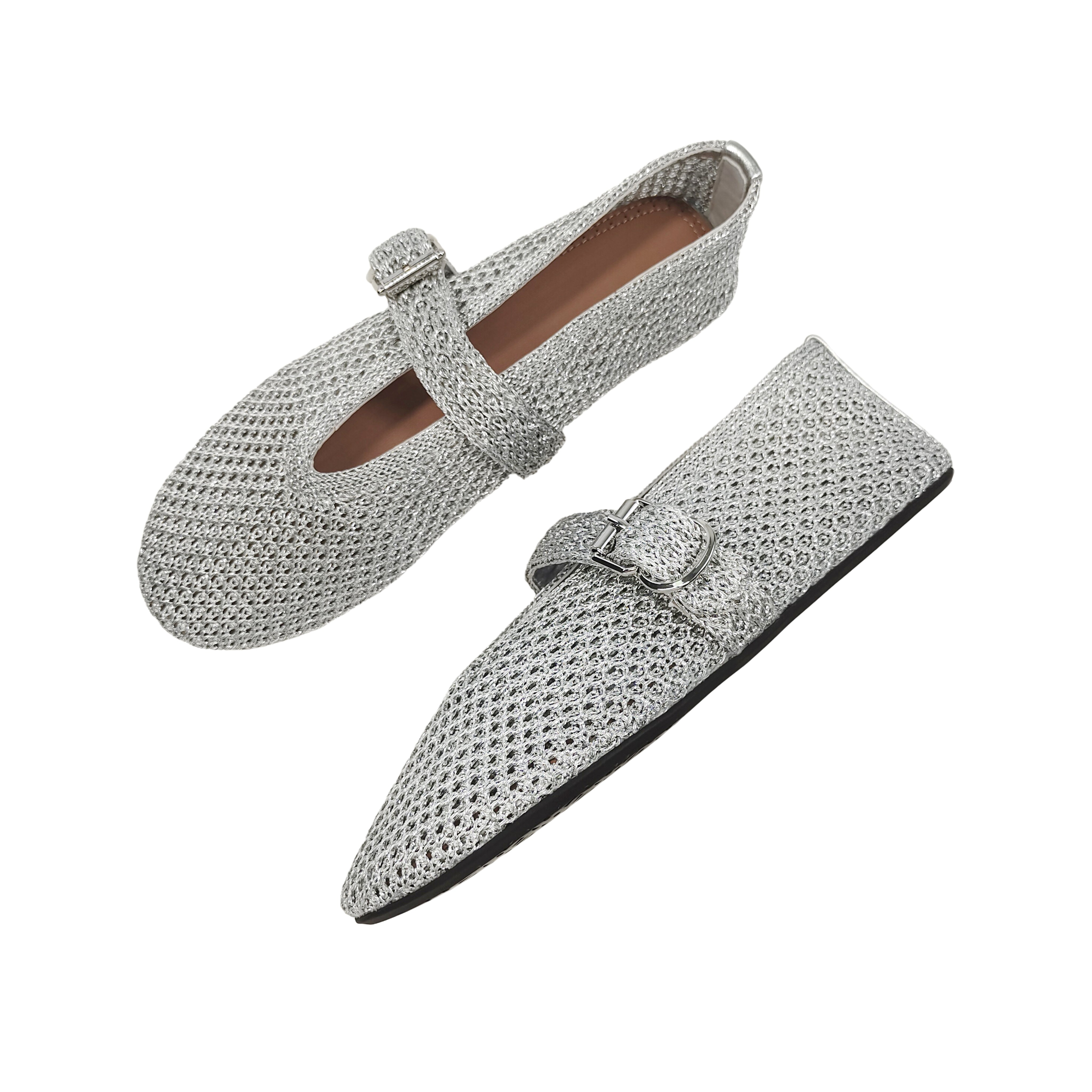 Handmade PP Woven Knit Mary Jane Flats for Women Breathable Soft Mesh Shoes with Genuine Leather Heel & Sheepskin Insole