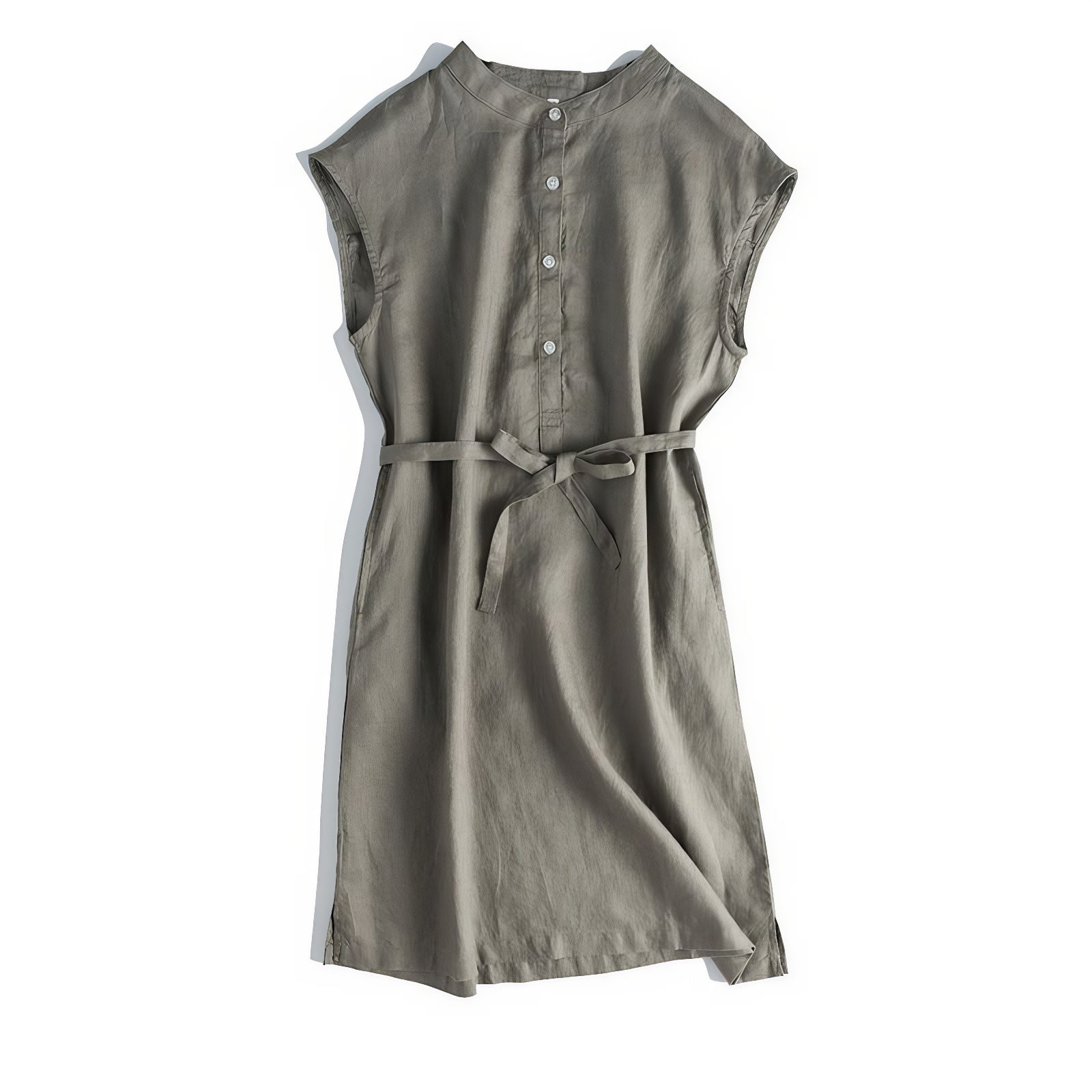 Olive green natural linen A-line dress with side pockets