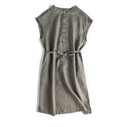 Olive green natural linen A-line dress with side pockets
