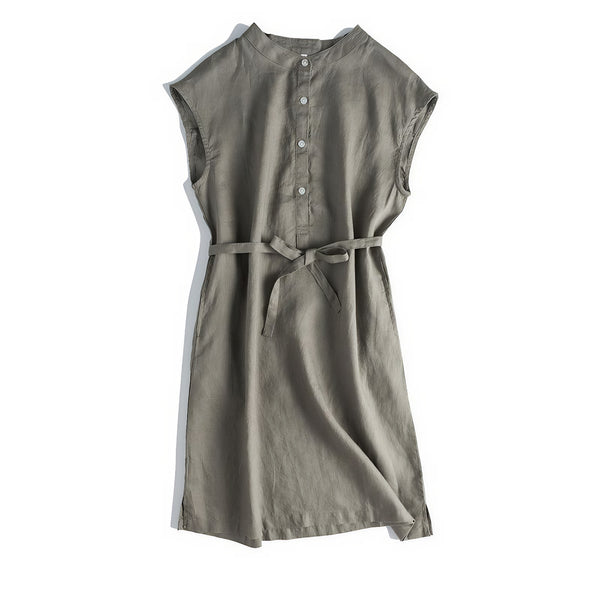 Olive green natural linen A-line dress with side pockets