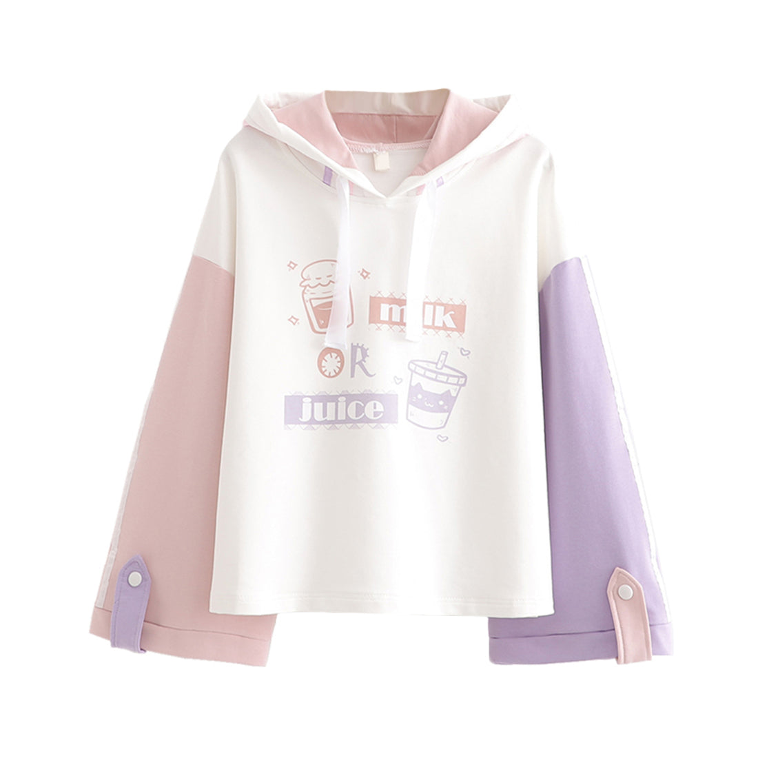 Cute Milk Juice Cartoon Hoodie Women’s Kawaii Color Block Cotton Pullover Sweatshirt Patchwork Sleeve