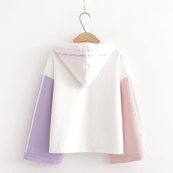 Cute Milk Juice Cartoon Hoodie Women’s Kawaii Color Block Cotton Pullover Sweatshirt Patchwork Sleeve