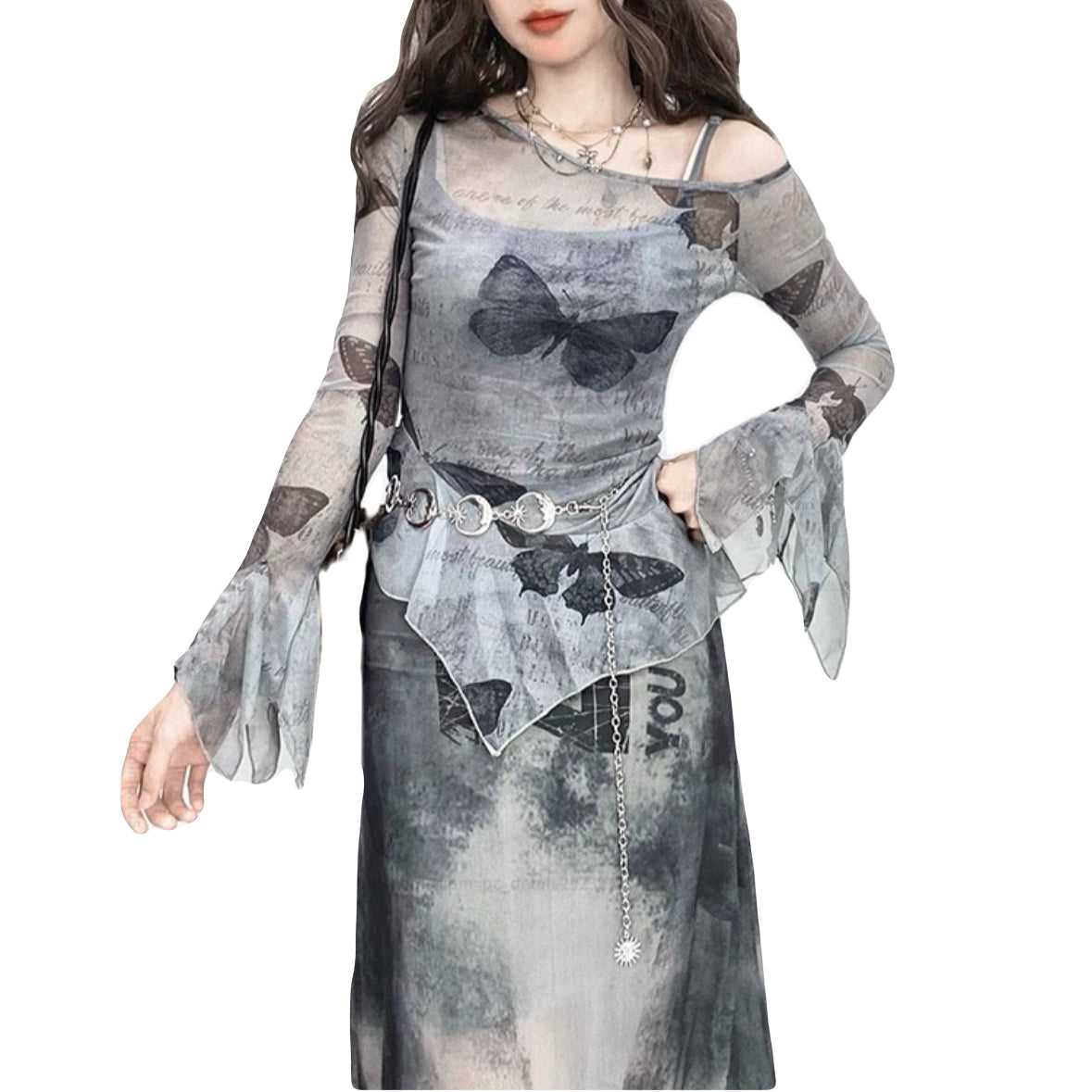 Y2K Sheer Mesh Butterfly Print Top Asymmetric Off-Shoulder Slim Fit See-Through Ruffle Sleeve Tee for Women