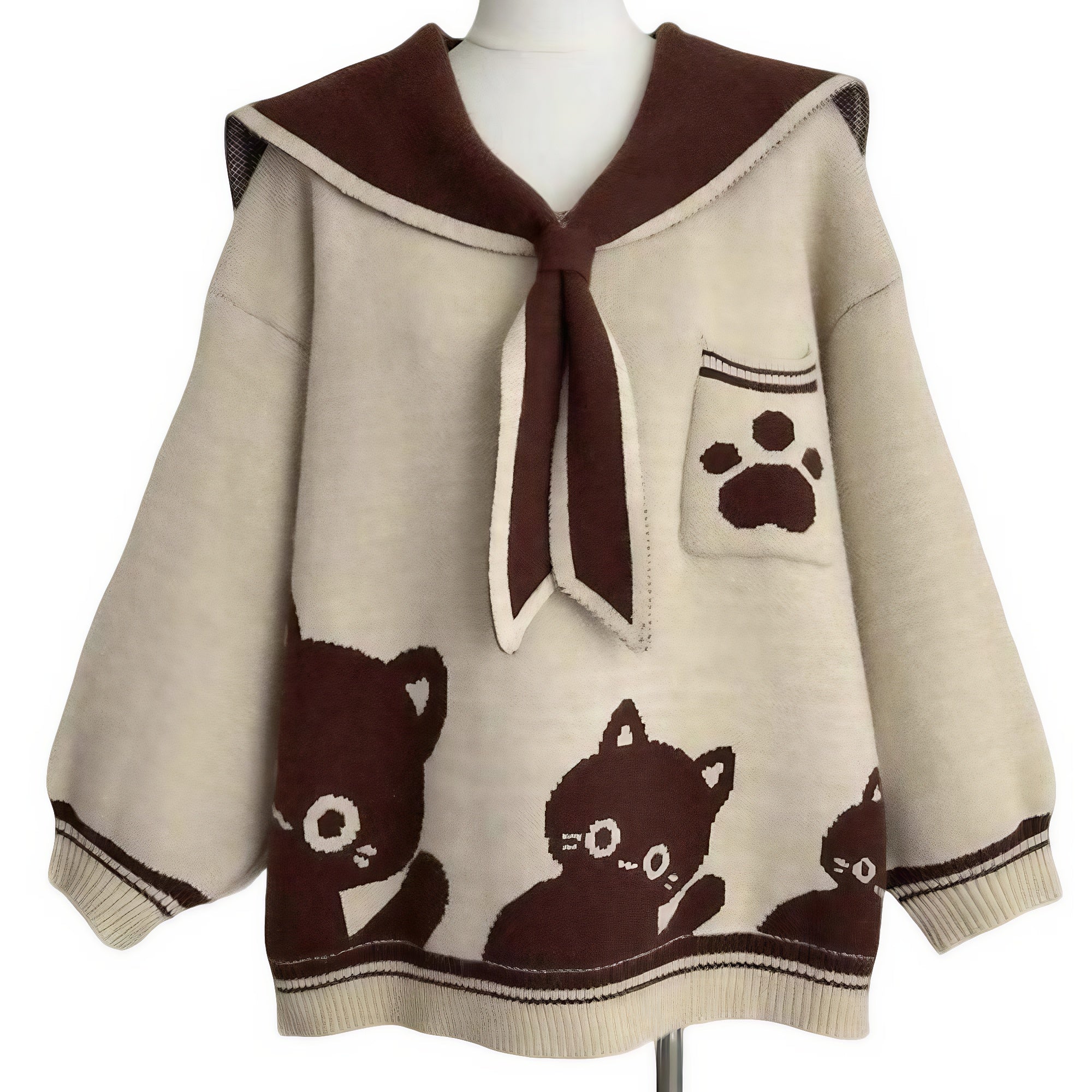 Front view of kawaii sailor collar cat print sweater in khaki