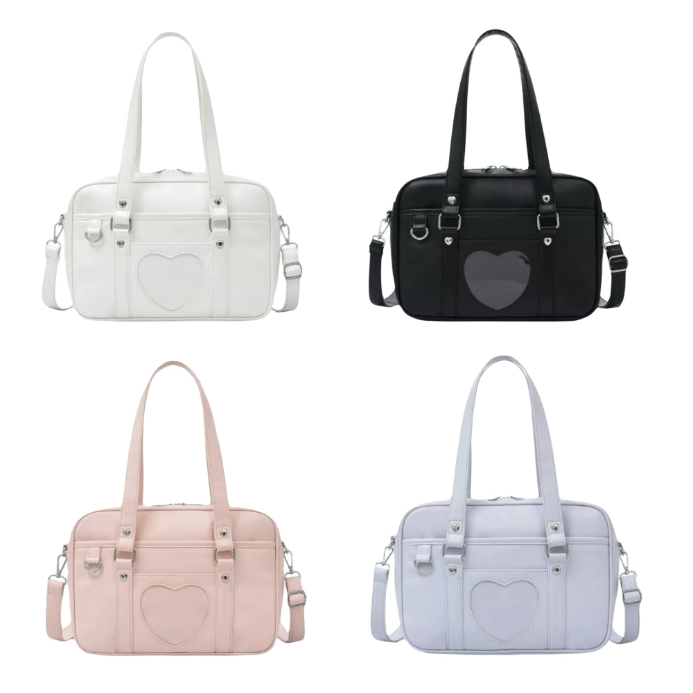 Kawaii Heart Embroidery JK School Shoulder Bag Japanese PU Leather Crossbody Tote for Daily Commuting