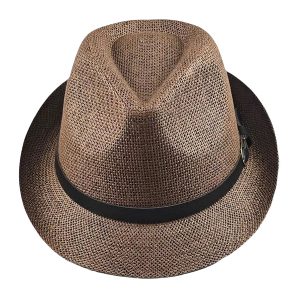 Brown handmade straw fedora hat with black band for men