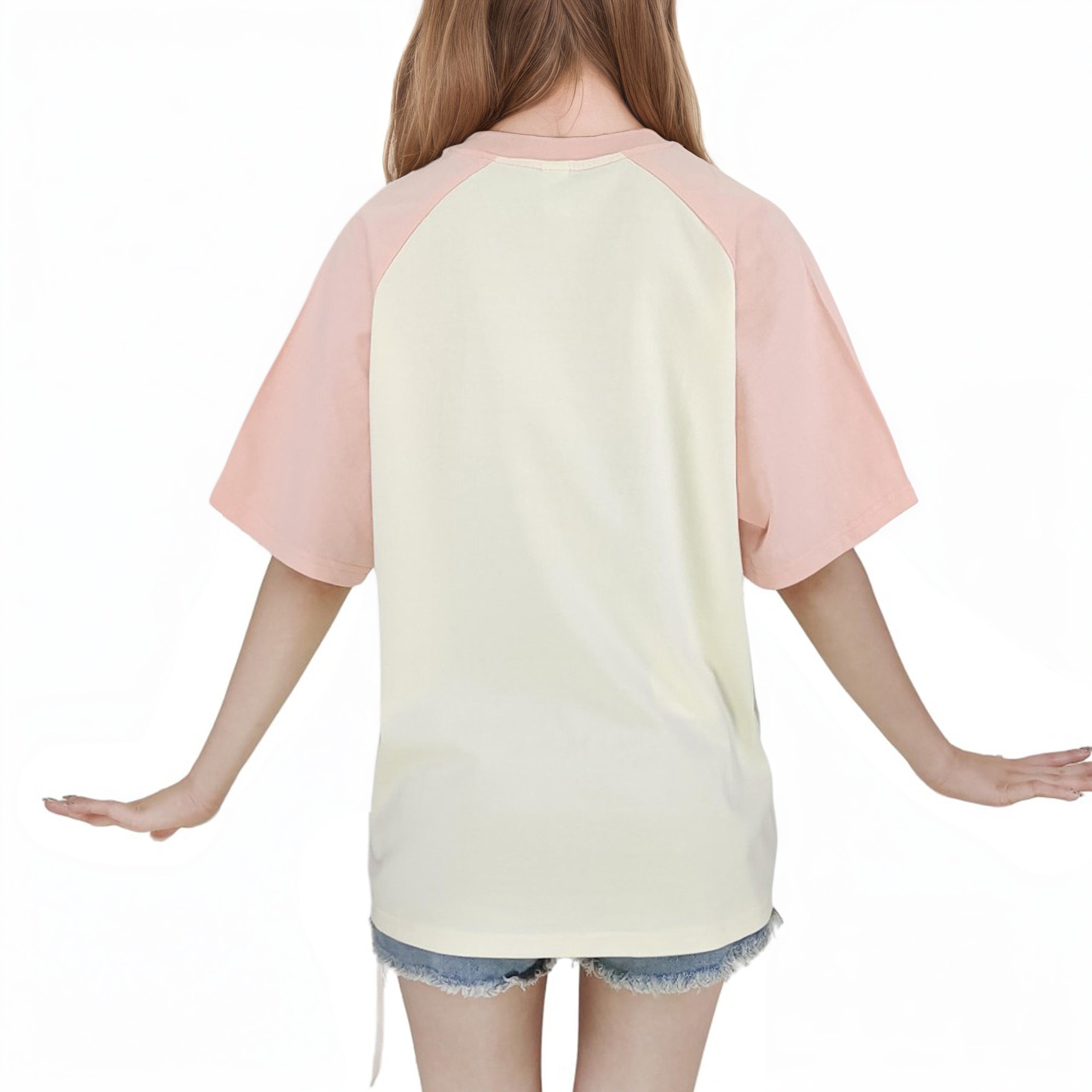 Back view of pastel Harajuku cartoon T-shirt for women
