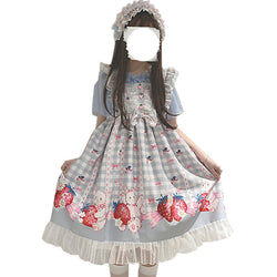 A pastel blue Lolita dress with white lace trim, strawberry bunny print, and ruffle design.