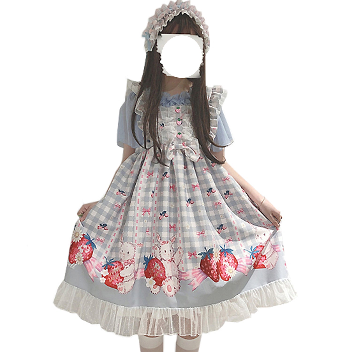 A pastel blue Lolita dress with white lace trim, strawberry bunny print, and ruffle design.