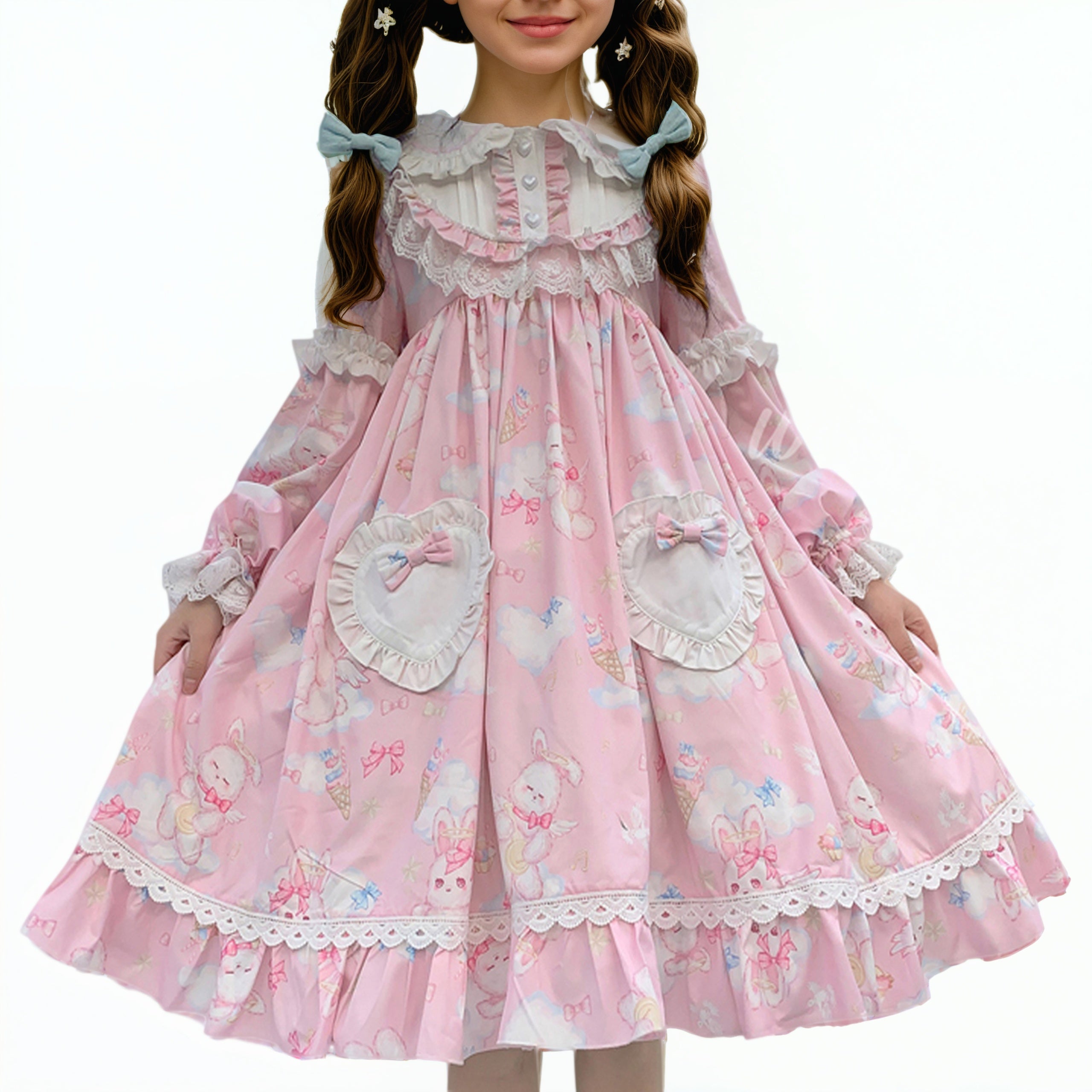 long sleeve pink navy collar sweet lolita A-line midi Japanese dress with bunny ears ruffle sleeve and heart pockets
