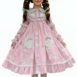 long sleeve pink navy collar sweet lolita A-line midi Japanese dress with bunny ears ruffle sleeve and heart pockets