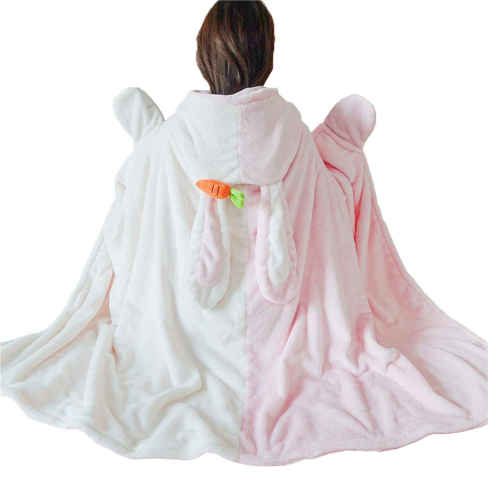 Women kawaii warm winter fleece coat cotton blanket pink with bunny ear cap 