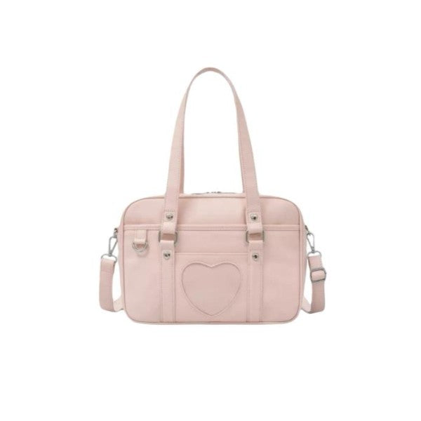 Kawaii Heart Embroidery JK School Shoulder Bag Japanese PU Leather Crossbody Tote for Daily Commuting