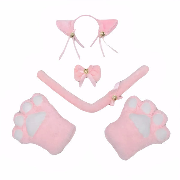 Pink fluffy cat costume with white paw gloves for girls