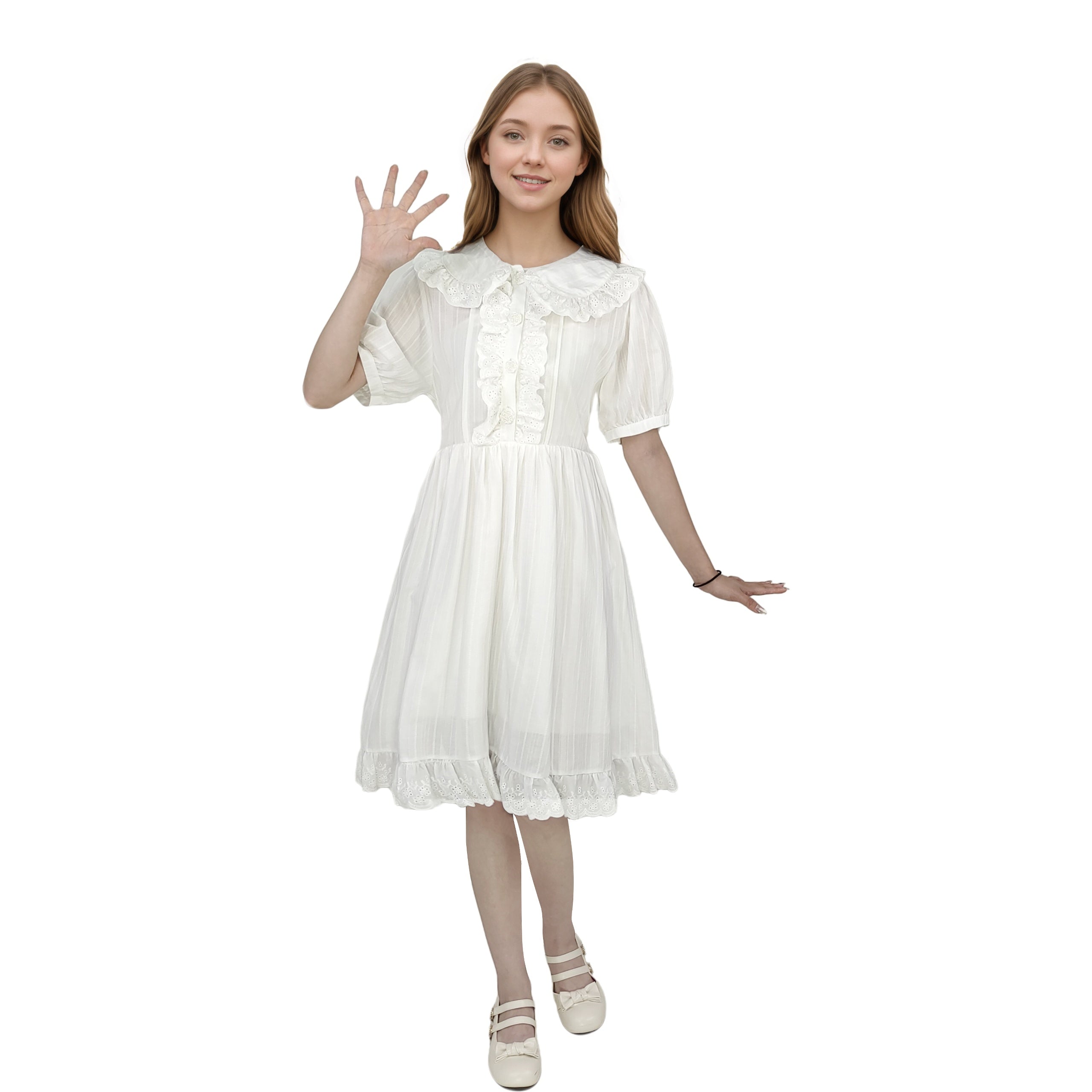 White babydoll dress with lace collar and puff short sleeves