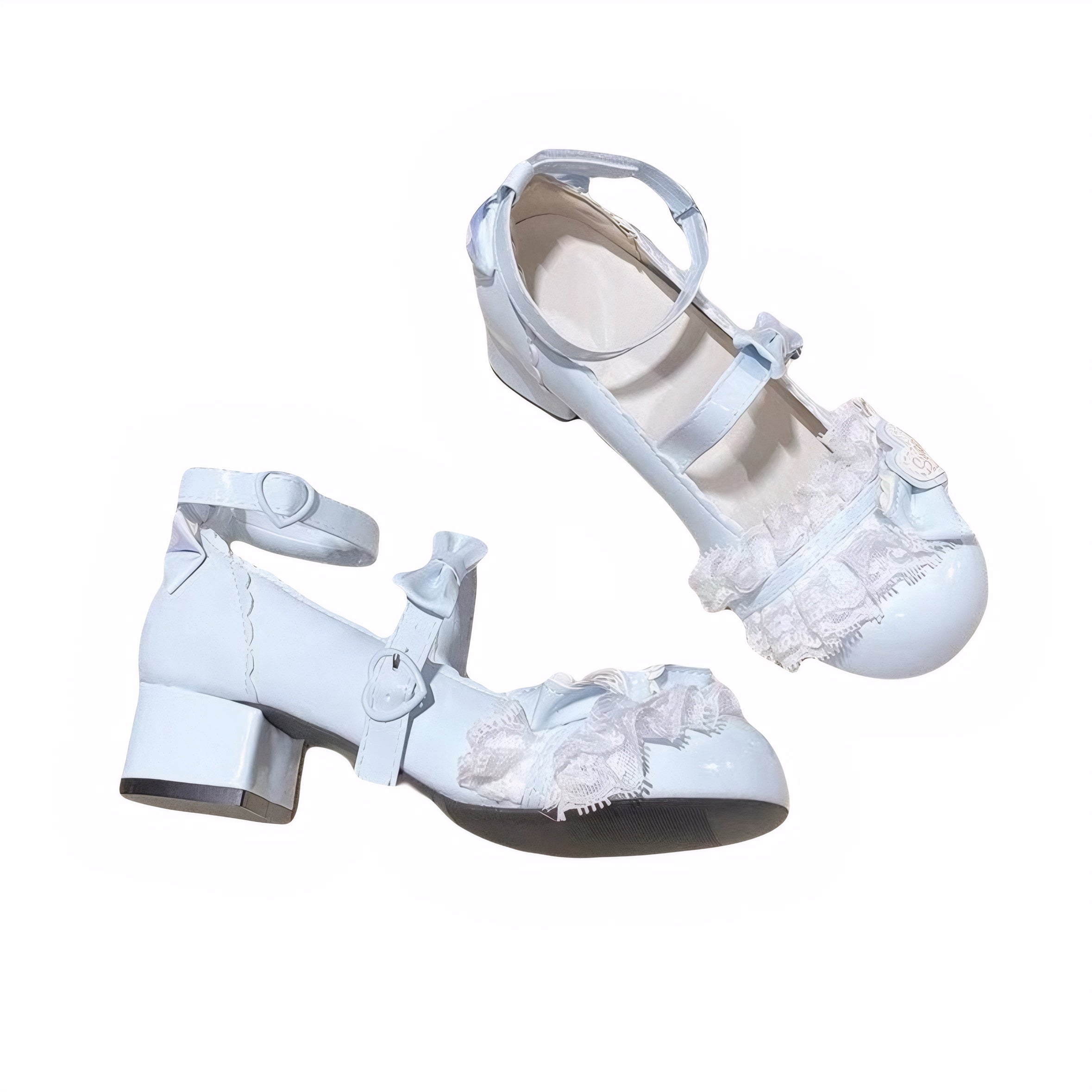 Light blue cute princess patent leather shoes with lace trim Cute bow shoes