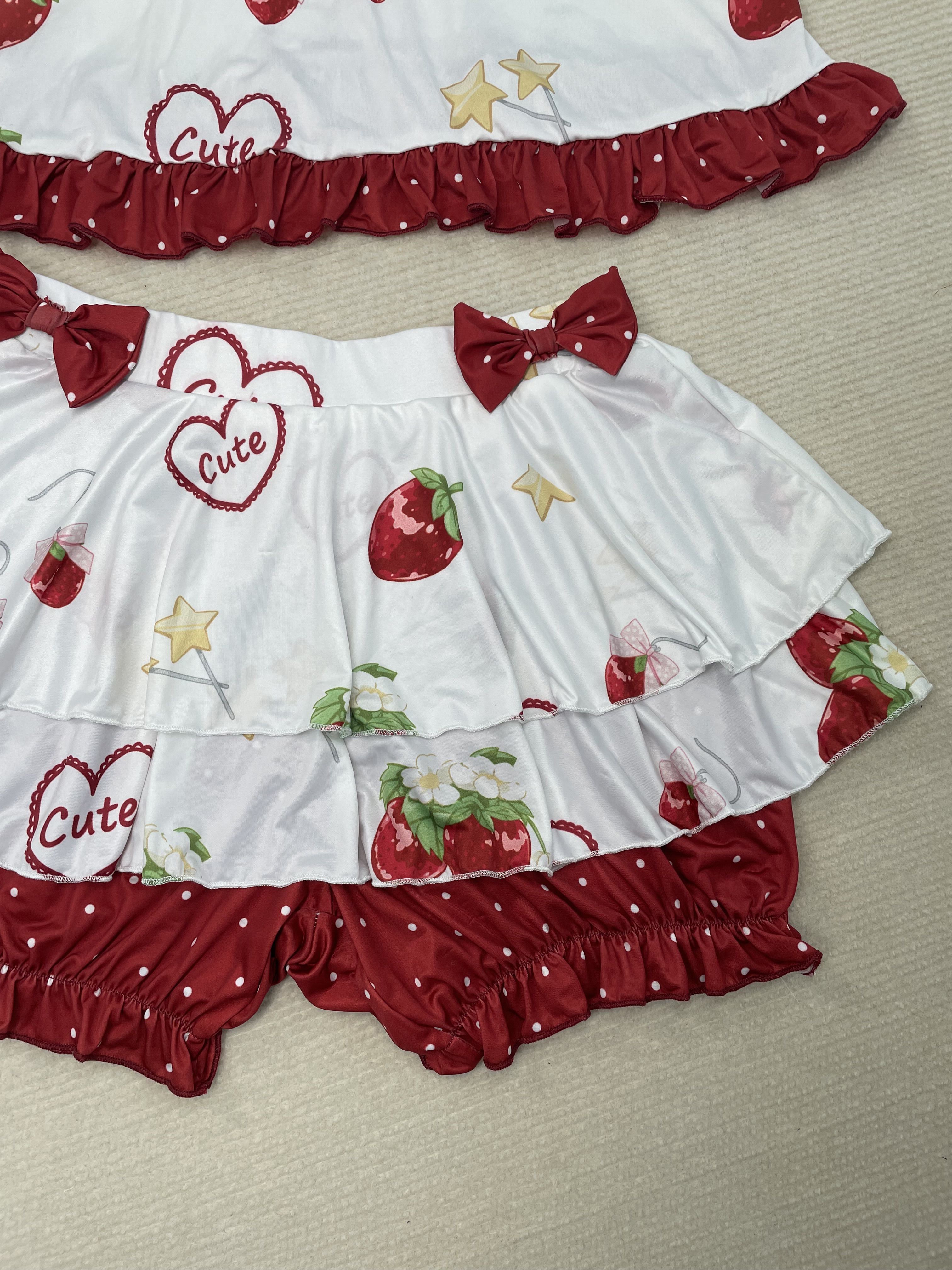 Strawberry Ruffle Two-Piece Loungewear Set with Built-in Shorts Cute Summer Home Outfit