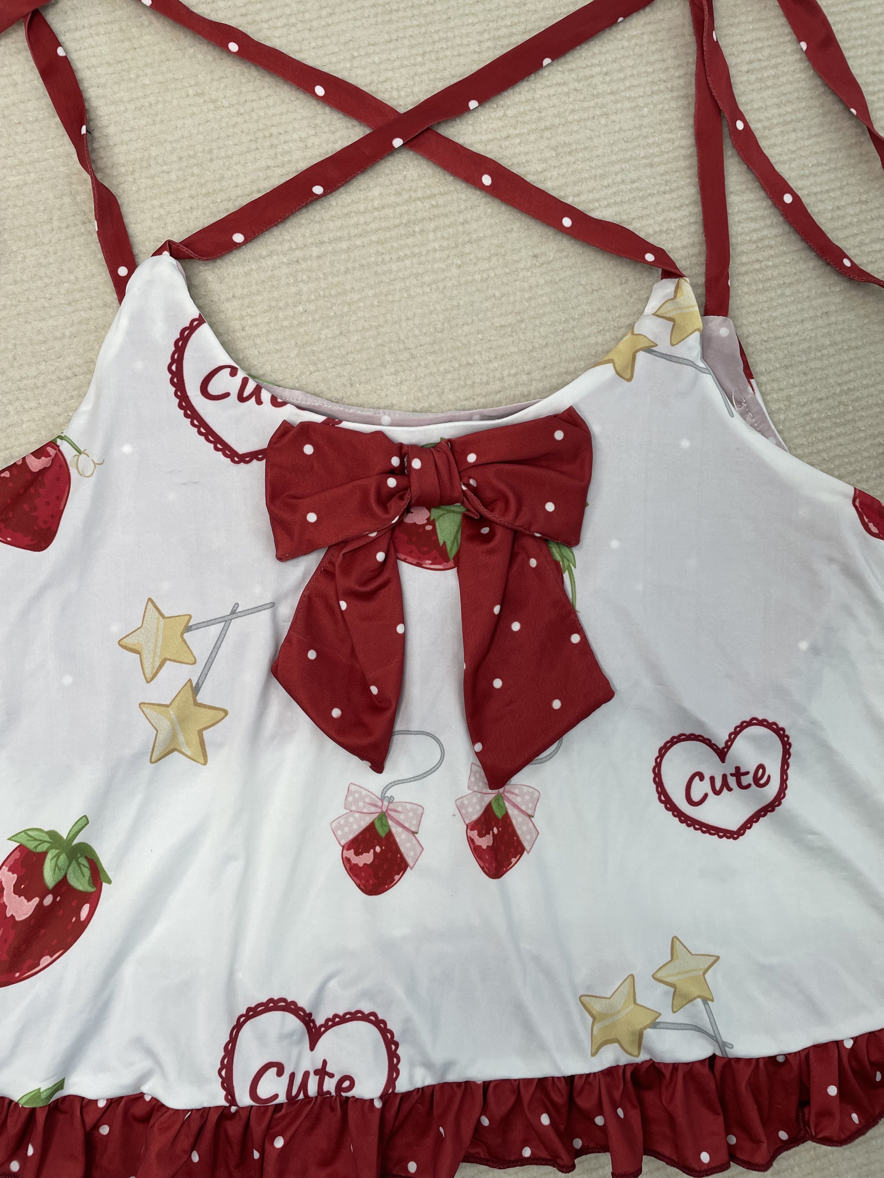 Strawberry Ruffle Two-Piece Loungewear Set with Built-in Shorts Cute Summer Home Outfit