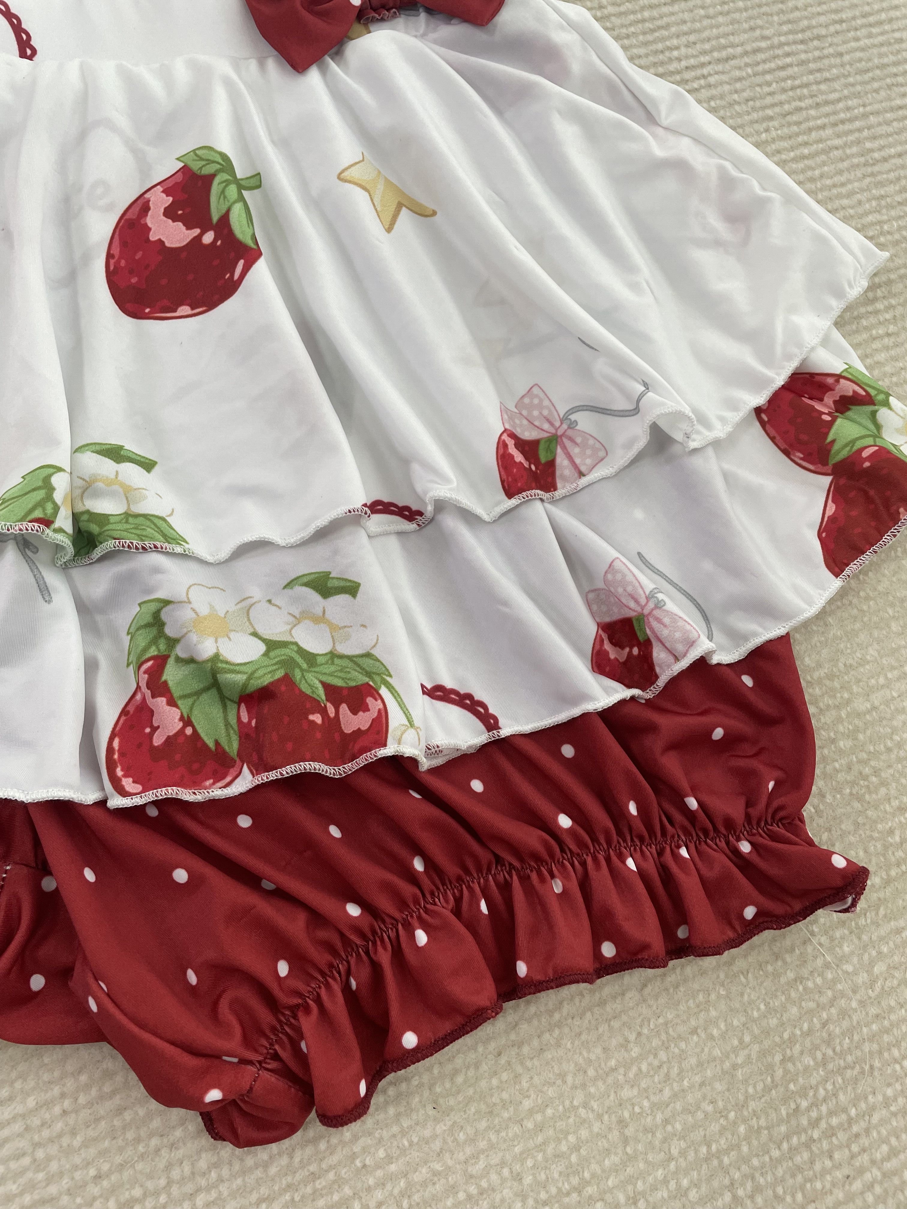 Strawberry Ruffle Two-Piece Loungewear Set with Built-in Shorts Cute Summer Home Outfit