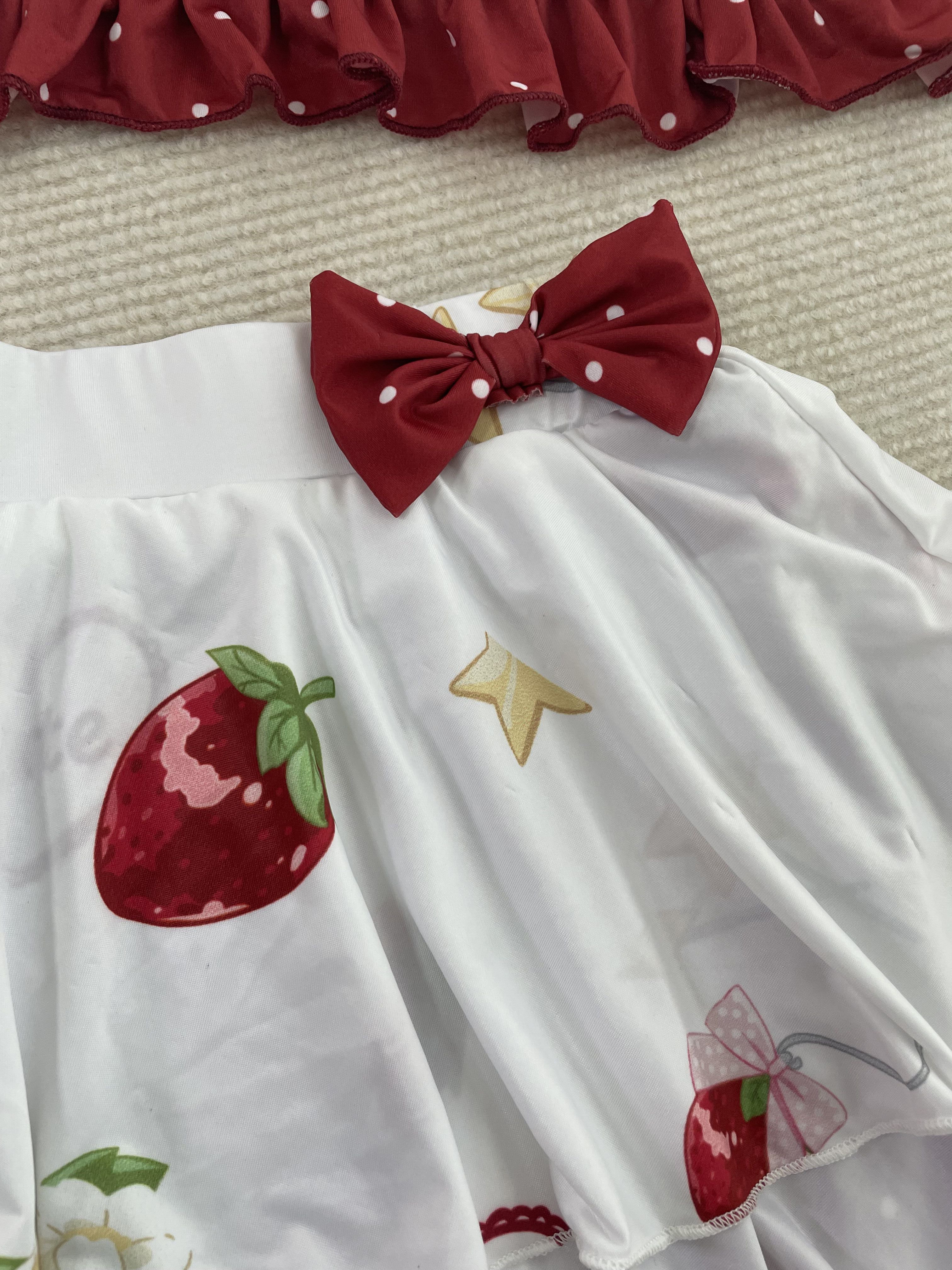 Strawberry Ruffle Two-Piece Loungewear Set with Built-in Shorts Cute Summer Home Outfit
