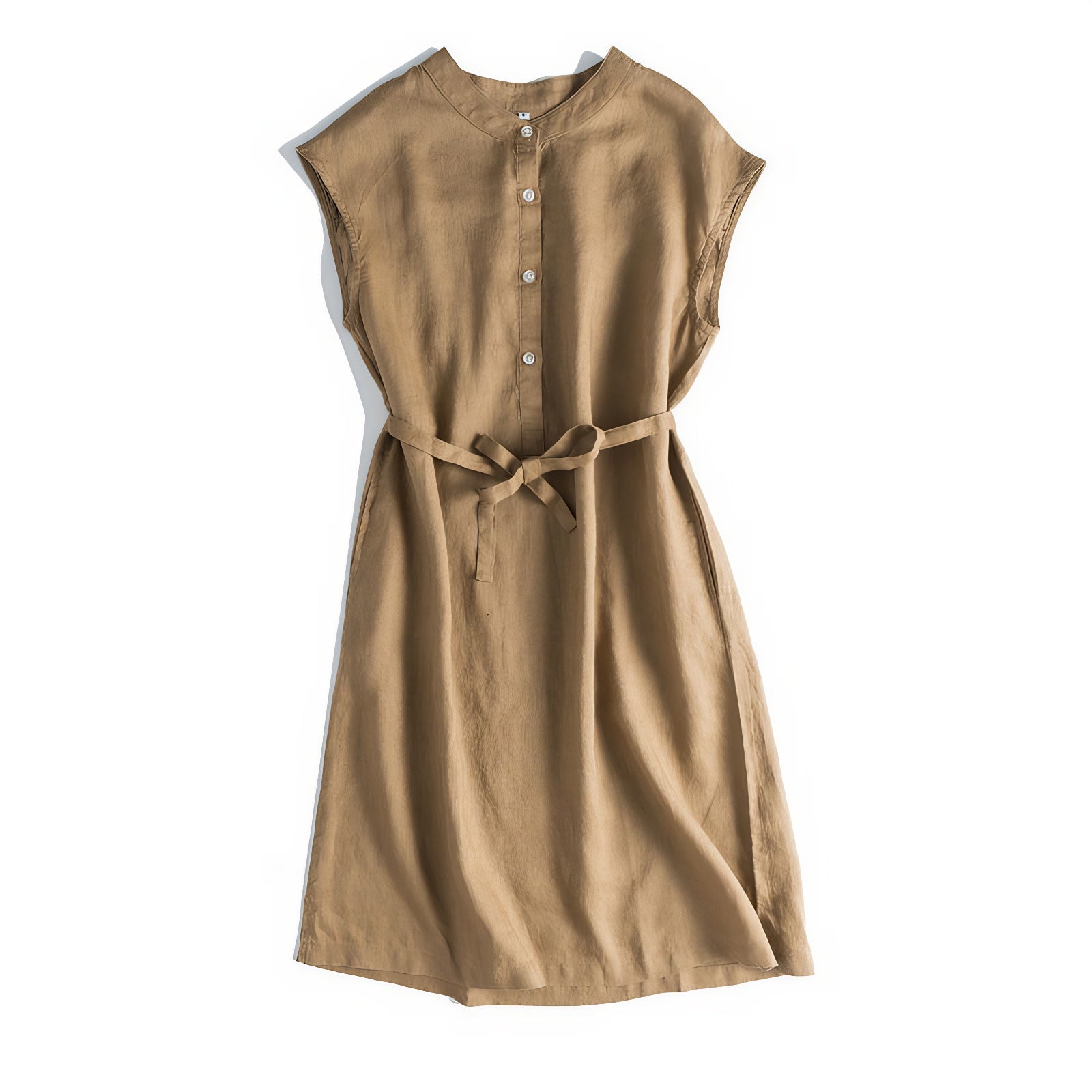 Casual khaki yellow linen midi dress with side slit hem