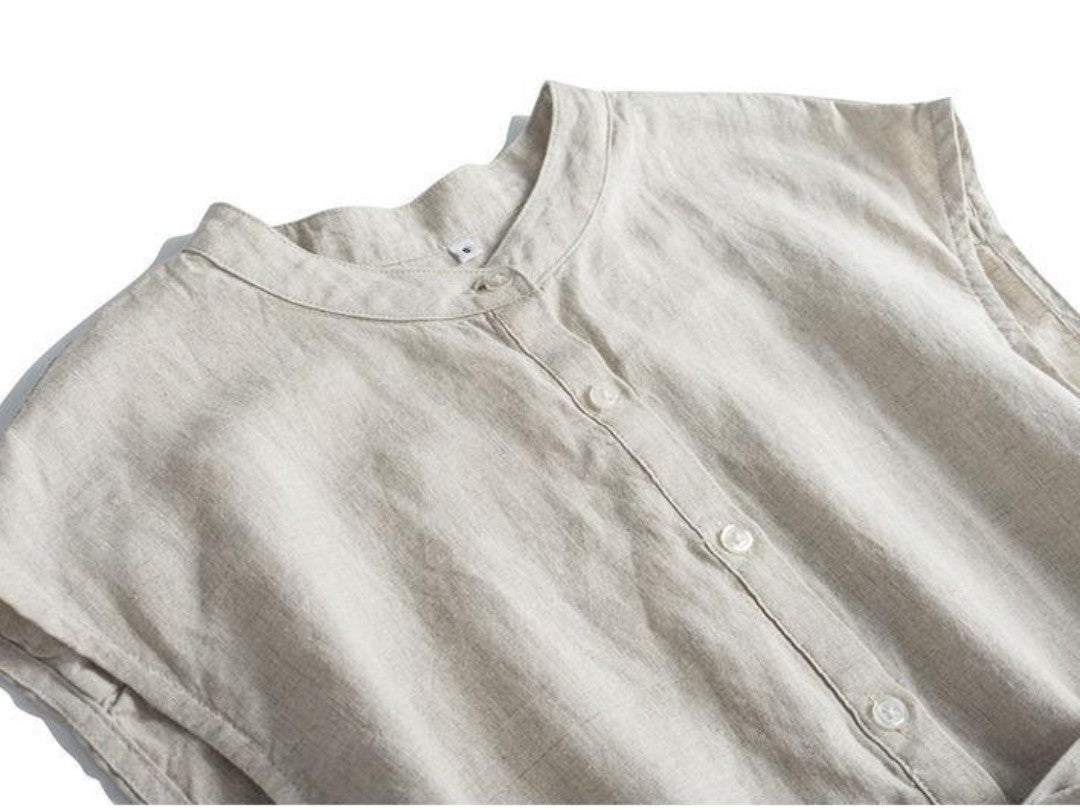 100% Linen A-Line Midi Dress Sleeveless Stand Collar Button Front Summer Casual Loose Fit Dress with Waist Tie