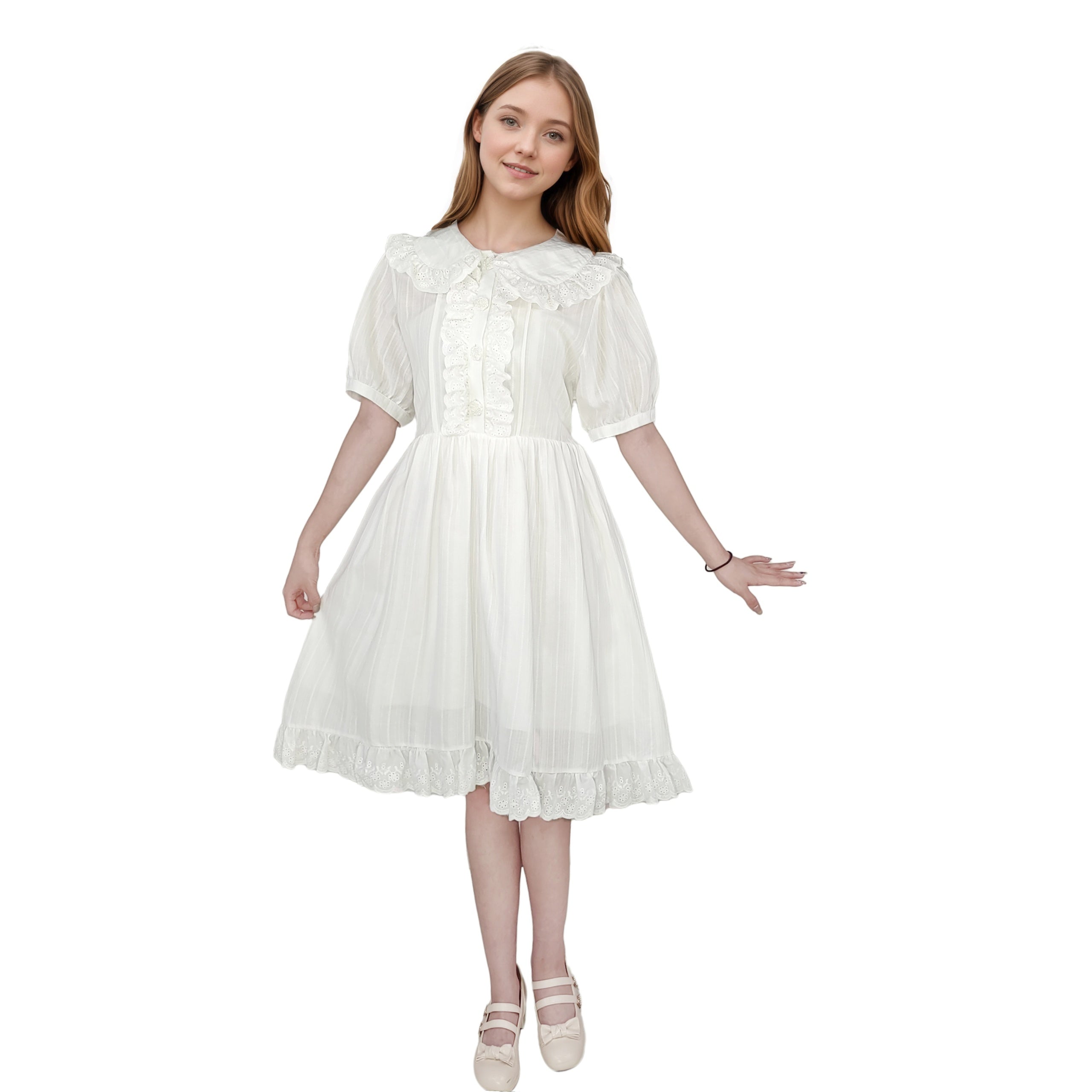 Cute preppy style ruffle dress A line flowy above knee length