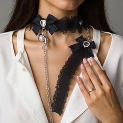 Black gothic lace collar with heart pendant and leash chain adjustable collar heart charm necklace