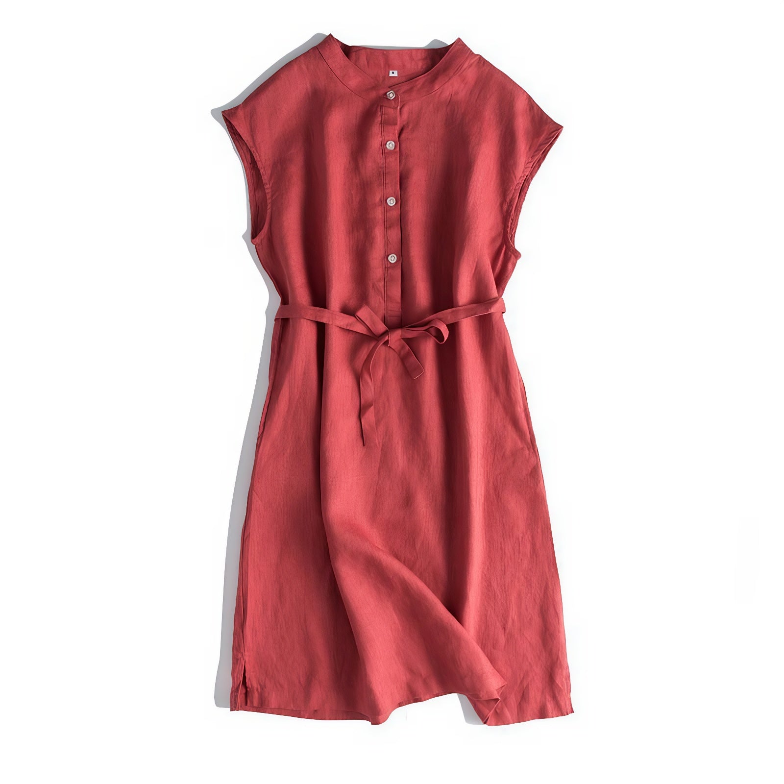 Elegant red sleeveless linen summer dress with button front