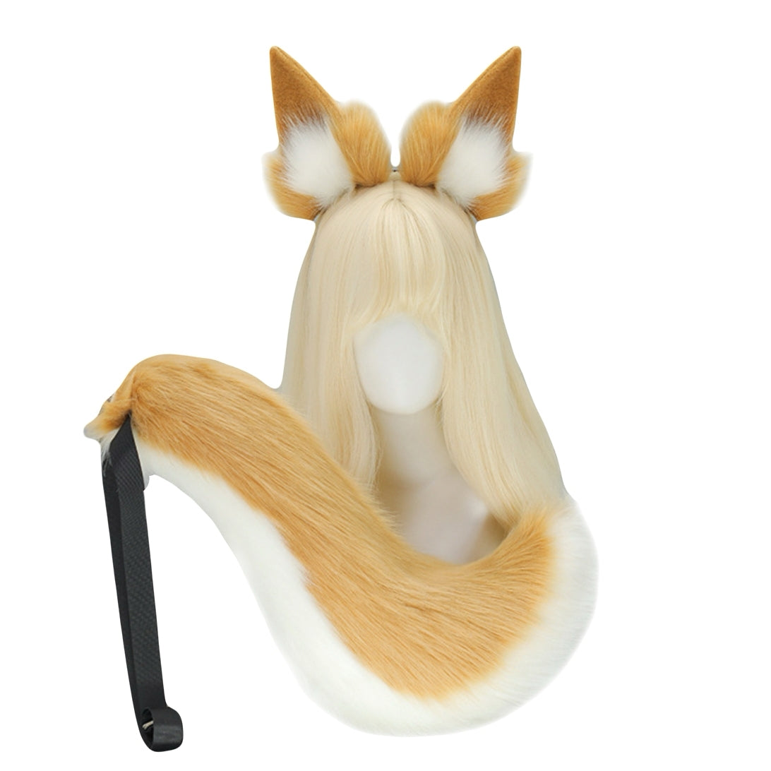 Tamamo-style cosplay fox ear and tail set in fluffy faux fur with headband and waist strap