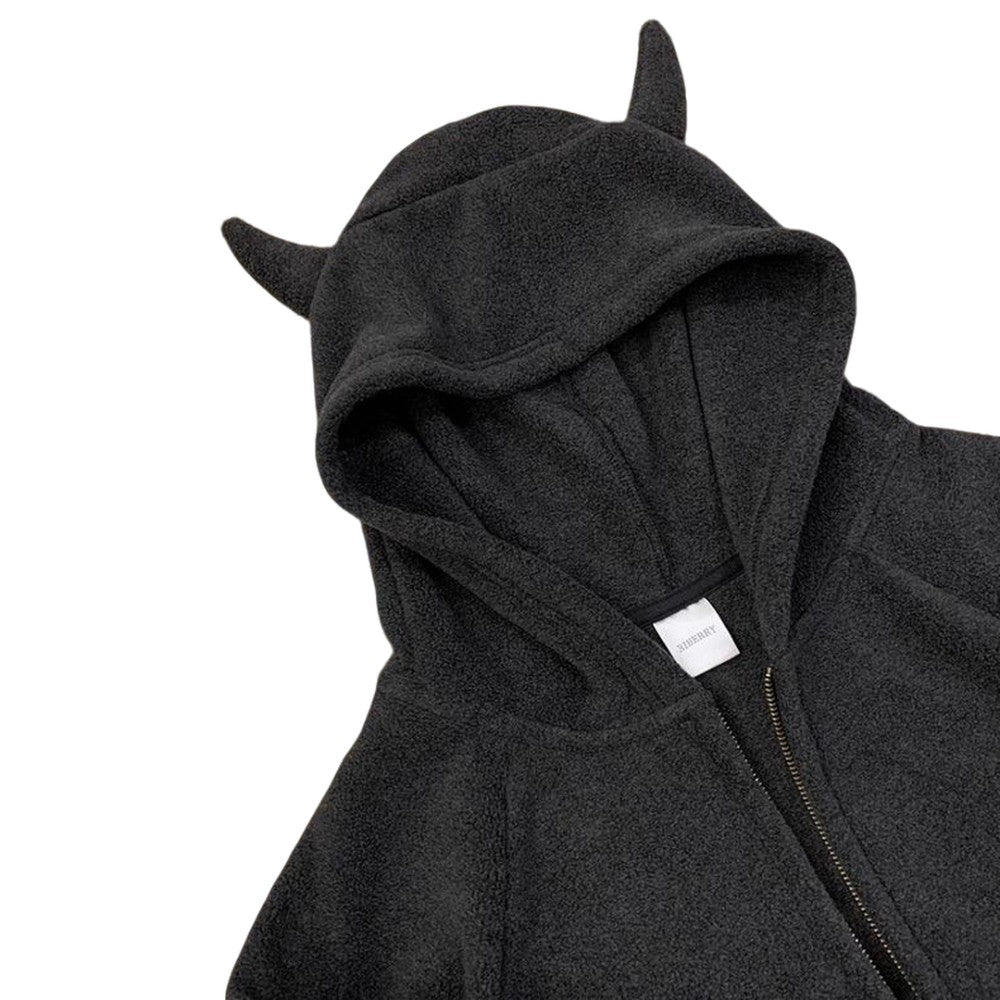 Devil Horn Fleece Hoodie Jacket for Women Halloween Oversized Zip-Up Hooded Sweatshirt