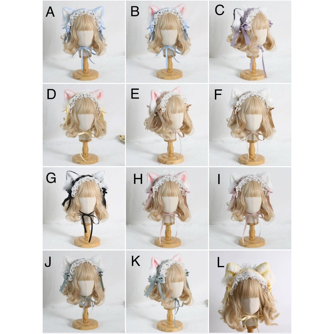 Removable Cat Ear Lolita Lace Headband with Bows & Clips Detachable Animal Ears Headdress for Girls