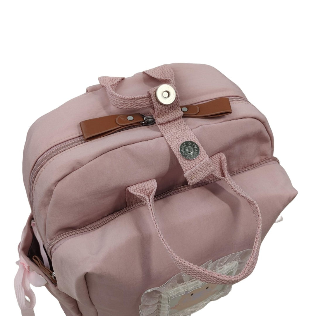 Kawaii Pink Backpack for Girls Cute Pig Print Ruffle Lace School Bag with Bow