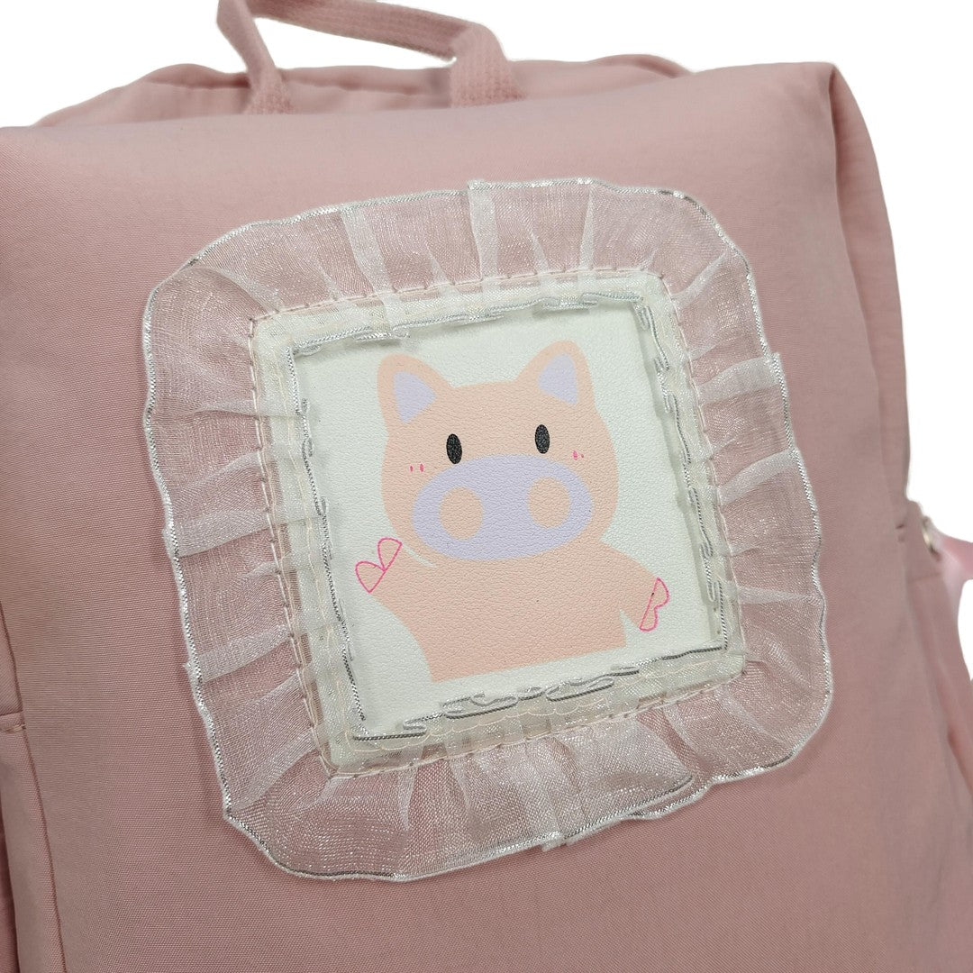 Kawaii Pink Backpack for Girls Cute Pig Print Ruffle Lace School Bag with Bow