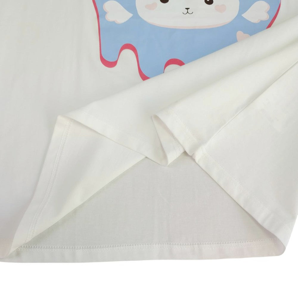 Strawberry Bear Graphic T-Shirt for Girls Harajuku Cotton Top with Blue Sleeves