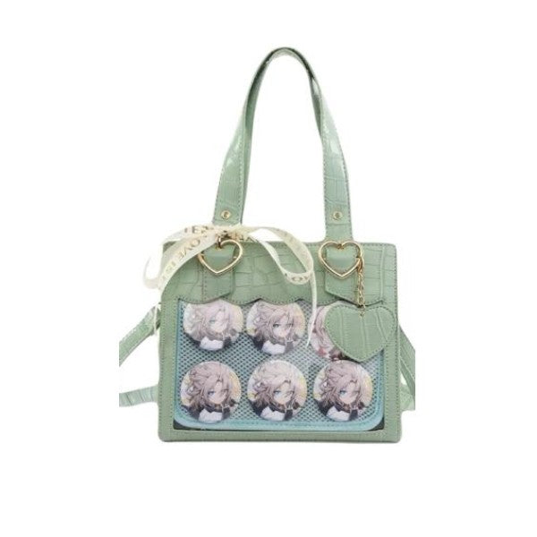 Kawaii Ita Bag with Heart Charms Croc Pattern PU Leather Anime Pin Display Shoulder Tote