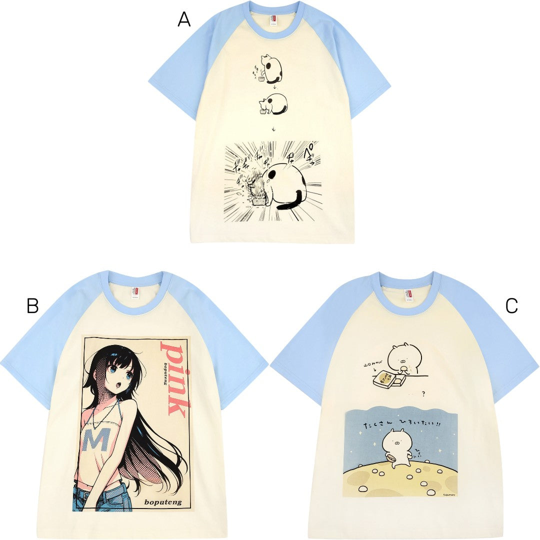 Customizable Kawaii Anime Graphic T-Shirt for Girls Harajuku Loose Fit Cotton Tee with Cartoon Print