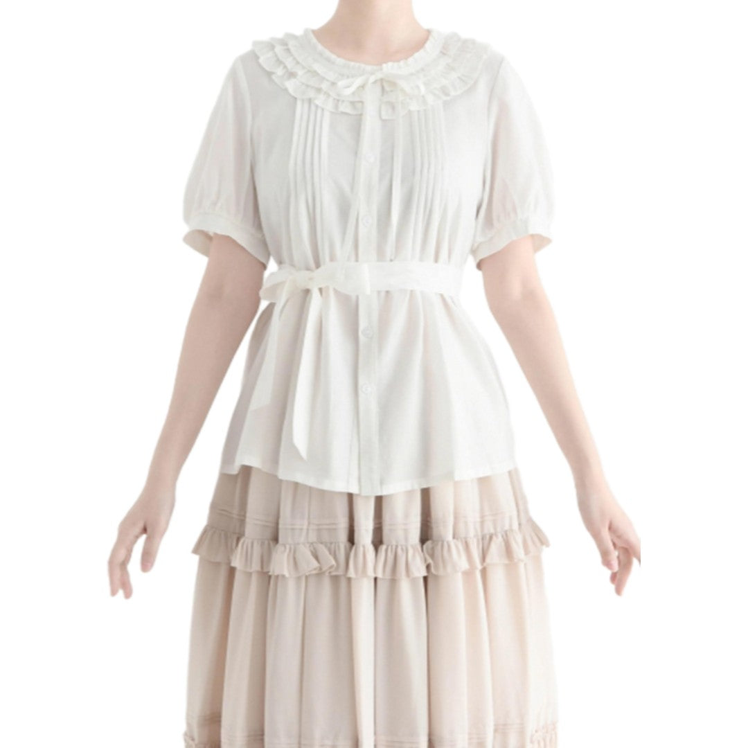 Lolita Ruffle Collar Summer Blouse Tencel Cotton Round Neck Shirt Bow Vintage Lace Puff Sleeve Top