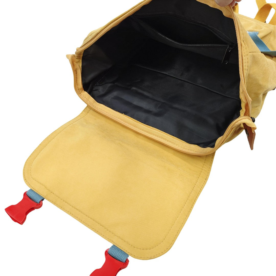 Vintage College Style Backpack Yellow Canvas School Bag with Red Buckles Casual Travel Daypack