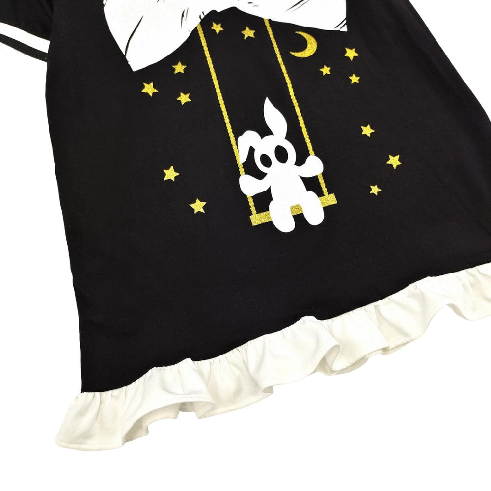 Sailor Collar Rabbit Print Top Black Harajuku Short Sleeve Shirt with Bow & Stars