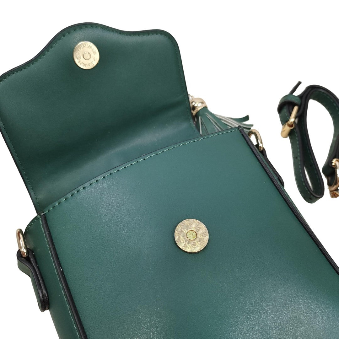 Women’s Small Crossbody Bag Green PU Leather Shoulder Purse with Gold Ring Handle & Tassel Charm