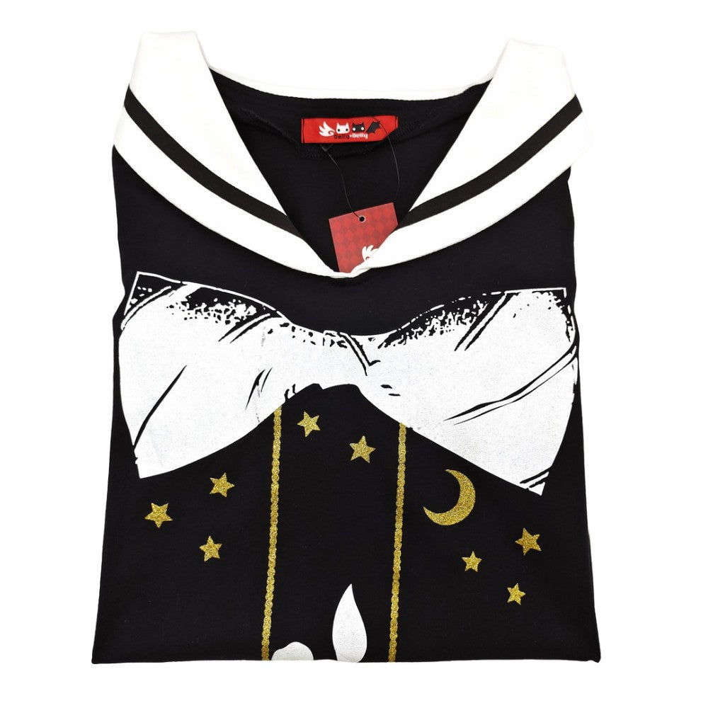 Sailor Collar Rabbit Print Top Black Harajuku Short Sleeve Shirt with Bow & Stars