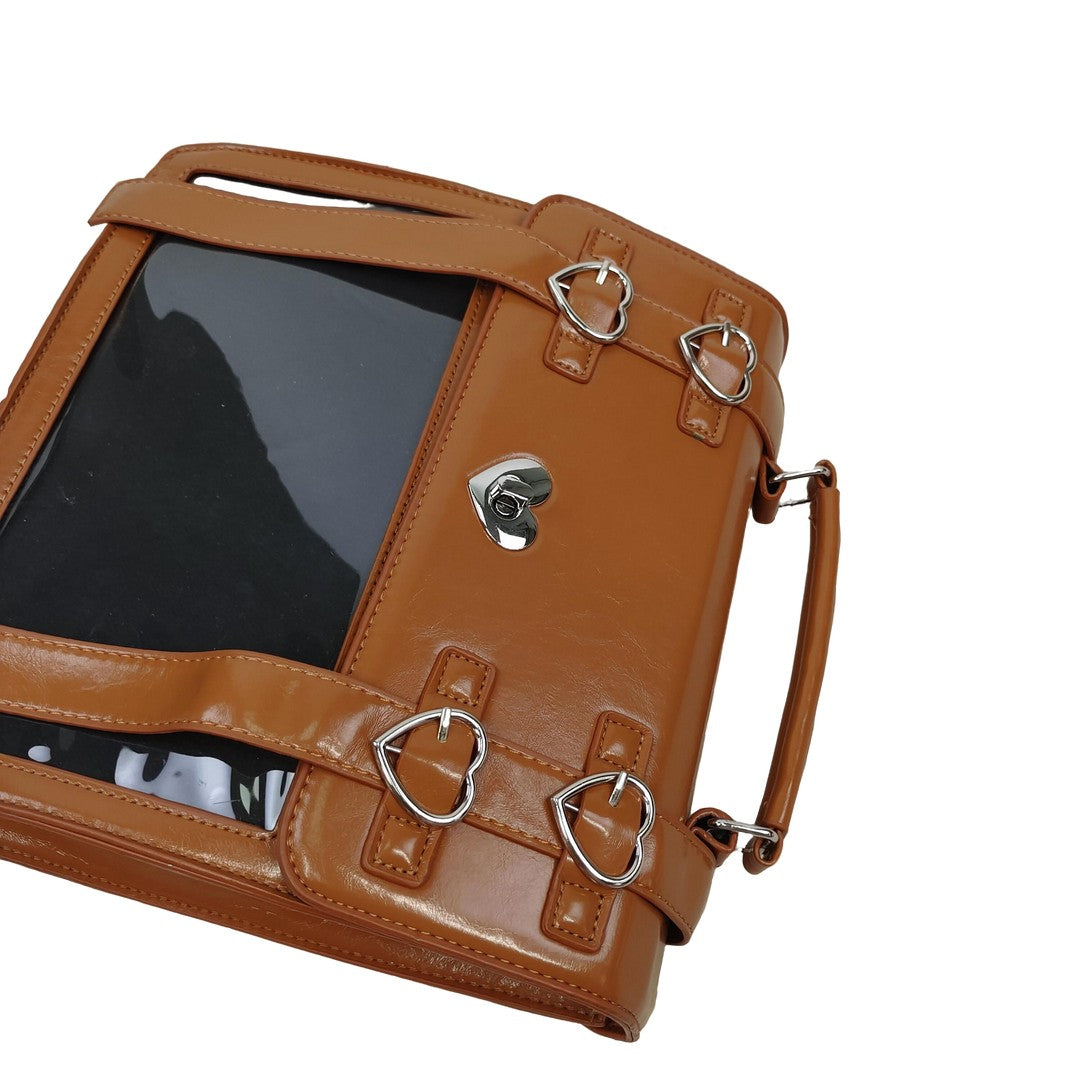 Kawaii Heart Buckle PU Leather Ita Bag Brown Satchel Backpack Cute Transparent Window Display Bag