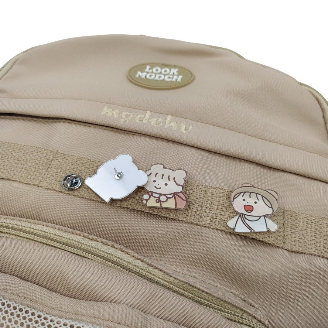 Caramel Brown Embroidered Backpack with Plush Charm Cartoon Pins Student School Bag