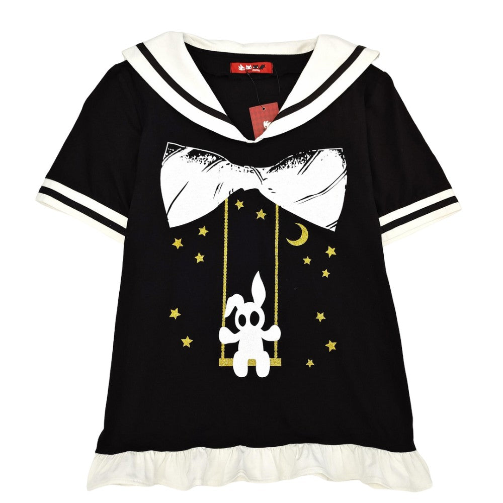 Black kawaii sailor collar top with bunny swing print and stars