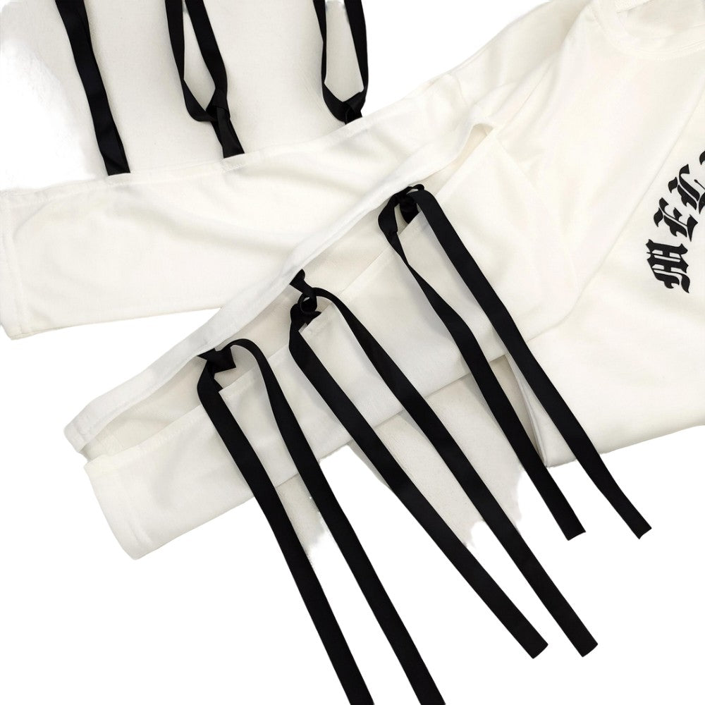 White Long Sleeve Top with Ribbon Bows Gothic Letter Print Cute Casual Oversized Cotton Shirt